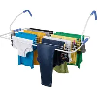 Relaxdays , étendoir à linge chauffant, 10 mètres de longueur de séchage, à suspendre, pour balcon et radiateur, en acier, support à linge, blanc/bleu
