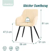 Relaxdays , ensemble de 2 chaises de salle à manger, en velours, avec pieds en métal, avec accoudoirs, pour salle à manger et cuisine, chaise de cuisine rembourrée, couleur beige