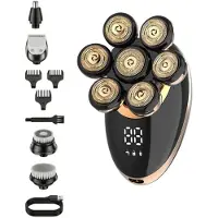 Xdovet Rasoir électrique Glatzen (doré), 5 en 1, tondeuse de tête avec 7 lames, magnétique, étanche IPX6, utilisable en mode sec et humide, écran LED, connecteur Type-C, autonomie de 60 minutes