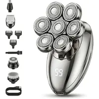 Xdovet Rasoir électrique Glatzen (argenté), 5 en 1 : Tête de rasoir avec 7 lames, système magnétique, étanche IPX6, utilisable en mode sec et humide, écran LED, connecteur Type-C, autonomie de 60 minutes