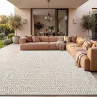 Paco Home Tapis d'extérieur, résistant aux intempéries, pour balcon ou salon, style bohème, motif géométrique, en sisal, couleur unie, crème, dimensions 240x340 cm