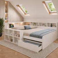 Flieks Lit de jeunesse 140x200 cm avec étagère et espaces de rangement, canapé-lit en bois avec ports USB et Type-C, lit de jour pour enfant avec lampe de lecture, lit de jour double blanc