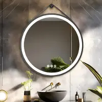 LUVODI Miroir LED WISFOR, forme ronde, diamètre 80 cm, miroir de salle de bain avec éclairage, bandeau en cuir, 3 couleurs de lumière, fonction de mémorisation