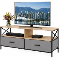 Relaxdays , meuble TV, dimensions (H x L x P) : 50 x 120 x 40 cm, 2 tiroirs et étagères, MDF, métal, tissu, table basse TV, couleur : gris clair/noir