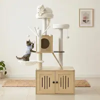 FCH Katzenbaum avec meuble pour litière, hauteur 135 cm, comprenant un couchage, des griffoirs, des boules en peluche, de couleur marron clair