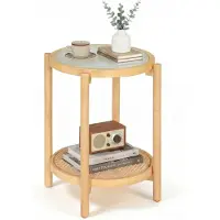 Costway Table basse avec plateau en verre et étagère en rotin, table d'appoint ronde avec rangement, table de chevet en bois d'acacia, 47,5 x 47,5 x 58 cm, finition naturelle