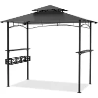 NaiZy - Pavillon de jardin avec grill, design à double toit, tissu polyester résistant au feu, crochets en métal et panier de rangement, couleur gris