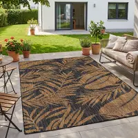 HomebyHome Tapis Extérieur Noir Effet Jute 160x220 cm Balcon Terrasse Jardin Résistant UV Grand Motif Palmier Tissé plat