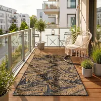 HomebyHome Tapis Extérieur Noir Effet Jute 60x100 cm Balcon Terrasse Jardin Résistant UV Petit Motif Palmier Tissé plat Nettoyage facile