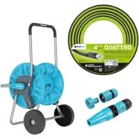 Cellfast Aluplus : chariot de tuyau en aluminium, 1/2", 60 mètres + Quattro : tuyau de jardin, 1/2", 50 mètres + Ensemble comprenant : pistolet de pulvérisation Basic, 1/2"