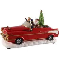 Spetebo Scène de Noël LED "Père Noël en voiture ancienne" rouge - 25 cm / pile - Décoration de table avec mouvement sonore et éclairage coloré