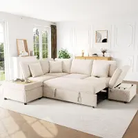 Merax Canapé d'angle modulaire en forme de L, 6 places, avec fonction couchage, canapé convertible avec pouf, chaise longue, port USB Type-C, tissu en velours, couleur beige