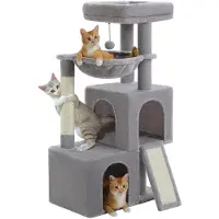 StarTech.com Arbre à chat pour appartements - Tour à chat multi-étages - 104 cm de hauteur - 4 niveaux - 2 cachettes spacieuses - Poteaux en sisal pour griffer - Avec jouets pour chats - Gris