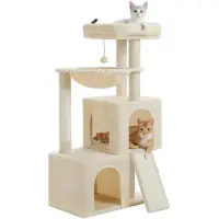 StarTech.com Arbre à chat pour chats d'intérieur - Griffoir - 4 niveaux - 104 cm de hauteur - Poteaux en sisal - 2 cachettes spacieuses - Tapis griffoir et jouets - Beige