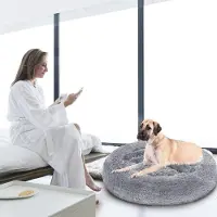 Eikuavons Lit pour chien ou chat , forme ronde, diamètre 80 cm, peluche douce, base antidérapante, couleur gris clair