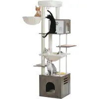 StarTech.com Arbre à chat en bois - Tour d'escalade XL de 190 cm - 5 niveaux - grottes extra grandes - hamacs et grande surface de repos - distributeur de nourriture - tapis en sisal pour griffer - gris