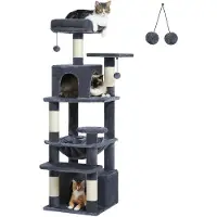 StarTech.com Arbre à chat - Griffoir à 136 cm - 6 niveaux - Hamac - Deux cachettes douillettes - 2 plateformes d'observation - 5 poteaux à griffer - Gris foncé