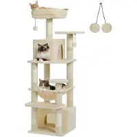 StarTech.com Arbre à chat Katzenbaum, 136 cm - Conçu pour les chats d'intérieur - 6 niveaux - Deux cachettes - Hamac et 2 plateformes d'observation - 5 poteaux à gratter - Couleur beige