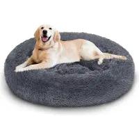 Eikuavons Lit pour chien , 100 cm, gris foncé, panier doux et rond pour animaux de compagnie en peluche longue, avec bordure haute et base antidérapante