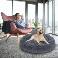 Vigevee Lit pour chien ou chat , forme ronde, diamètre 100 cm, peluche douce, base antidérapante, couleur gris foncé