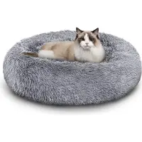 Vigevee Lit pour chien ou chat , forme ronde, diamètre 80 cm, peluche douce, base antidérapante, gris clair