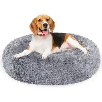Eikuavons Lit pour chien , 80 cm, gris clair, panier doux et rond pour animaux de compagnie en peluche longue, avec bordure haute et base antidérapante