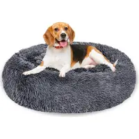 Eikuavons Lit pour chien , 80 cm, gris foncé, panier doux et rond pour animaux de compagnie en peluche longue, avec bordure haute et base antidérapante