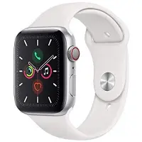 Apple Watch Series 5 (GPS + Cellulaire, 44mm) - Boîtier en aluminium argenté avec bracelet sport blanc (Renouvelé)