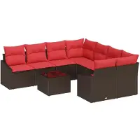 vidaXL Ensemble de salon , 9 pièces, couleur marron et rouge, en résine tressée