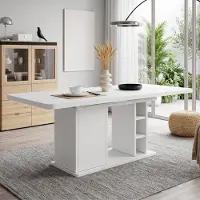 Flieks Table extensible pour salle à manger avec espace de rangement, plateau de table renforcé, adaptée pour 6 à 8 personnes, table de salle à manger, table de cuisine, longueur 140-180 cm, blanche
