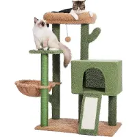 Markenlos Arbre à chat pour chats adultes, 104 cm, forme moderne en cactus, peluche, grande niche, revêtement amovible, balle qui bouge, tissu en sisal, vert.