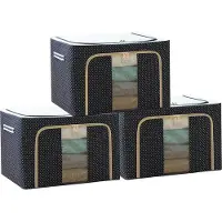 Markenlos Boîtes de rangement avec couvercle - Structure en métal, tissu Oxford, extra grande (Bleu marine : 100 litres, lot de 3)
