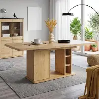 Flieks Table extensible pour salle à manger avec espace de rangement, plateau de table renforcé, adaptée pour 6 à 8 personnes, table de salle à manger, table de cuisine, dimensions 140-180 cm, finition chêne