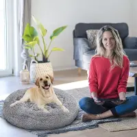 Eikuavons Lit pour chien ou chat , forme ronde, diamètre 100 cm, peluche douce, base antidérapante, couleur gris clair