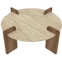CALICOSY - Table basse rondeReproduction travertin et noyer D90 cm - AUREL
