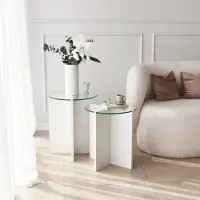 Dmora Genga - Table de Salon, 70x70x38h cm Blanc, set de 2 pièces Verre Trempé