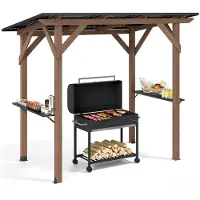 Costway Pavillon de barbecue en bois, dimensions 263x151x223 cm, abri de barbecue avec toit en métal galvanisé et 2 étagères latérales, structure de barbecue résistante aux intempéries