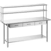 StarTech.com Table de travail gastronomique - Table en acier inoxydable 183 x 61 x 140 cm - Avec plateau de base - 3 tiroirs - Plan de travail supérieur double - Table de préparation - Acier inoxydable argenté