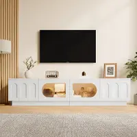 Merax Meuble TV avec portes incurvées et portes en verre, meuble TV avec éclairage LED contrôlable via une application, meuble TV avec passe-câbles, passe-câbles, blanc