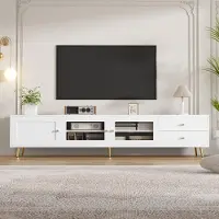 Flieks Meuble TV avec 2 tiroirs, 2 portes en verre, 1 porte, offrant un grand espace de rangement, des étagères réglables, des poignées en métal. Meuble TV blanc