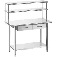 StarTech.com Table de travail gastronomique 122 x 61 x 140 cm - Table de préparation en acier inoxydable - Avec plateau inférieur - 2 tiroirs - Double plateau supérieur - Pour cuisine, restaurant, garage - Argent