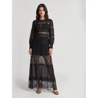 Twinset pour femme. 262TT2630 Robe longue en georgette et dentelle noire (40), Fête, Viscose, Manche longue
