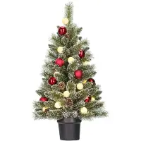Black Box Trees Trees Kaprun Arbre de Noël artificiel en pot avec éclairage LED - H90 x Ø51 cm - Vert givré, Rouge
