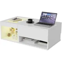 StarTech.com Table d'appoint LED RGB moderne - Table basse avec plateau relevable - Espace de rangement dissimulé - Étagère ouverte - Finition haute brillance - 100x55x35 cm - Blanc