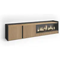 Skraut Home PULLER Meuble TV, Banc Télé, 212x35x50 cm, Pour les TV jusqu'à 80", Cheminée électrique XXL, Led, Chêne et noir