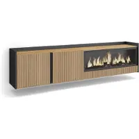 Skraut Home PULLER Meuble TV, Banc Télé, 212x35x50 cm, Pour les TV jusqu'à 80", Cheminée électrique XXL, Suspendu, Mural, Chêne et noir