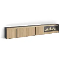 Skraut Home PULLER Meuble TV, Banc Télé, 315x35x50 cm, Pour les TV jusqu'à 80", Cheminée électrique XXL, Led, Chêne et noir