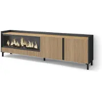 Skraut Home PULLER Meuble TV, Banc Télé, 212x35x61 cm, Pour les TV jusqu'à 80", Cheminée électrique XXL, Design industriel, Chêne et noir
