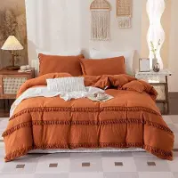 Famanu Parure de lit Boho Chic 220 x 240 cm, 3 pièces, couleur caramel, avec pompons et franges, en tissu microfibre délavé. Parure de lit avec fermeture à glissière et 2 taies d'oreiller pour filles