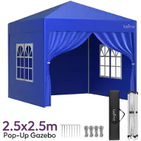 StarTech.com Pavillon pop-up - Tente de jardin pliable, 2,5 x 2,5 m - Imperméable - Structure en acier - 4 parois avec fenêtres et portes - Hauteur réglable - Bleu